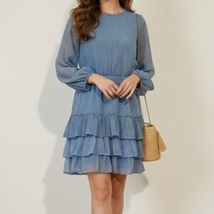 Express Blue Clip Dot Tiered Smocked Waist Long Sleeve A-Line Dress SIZE XL